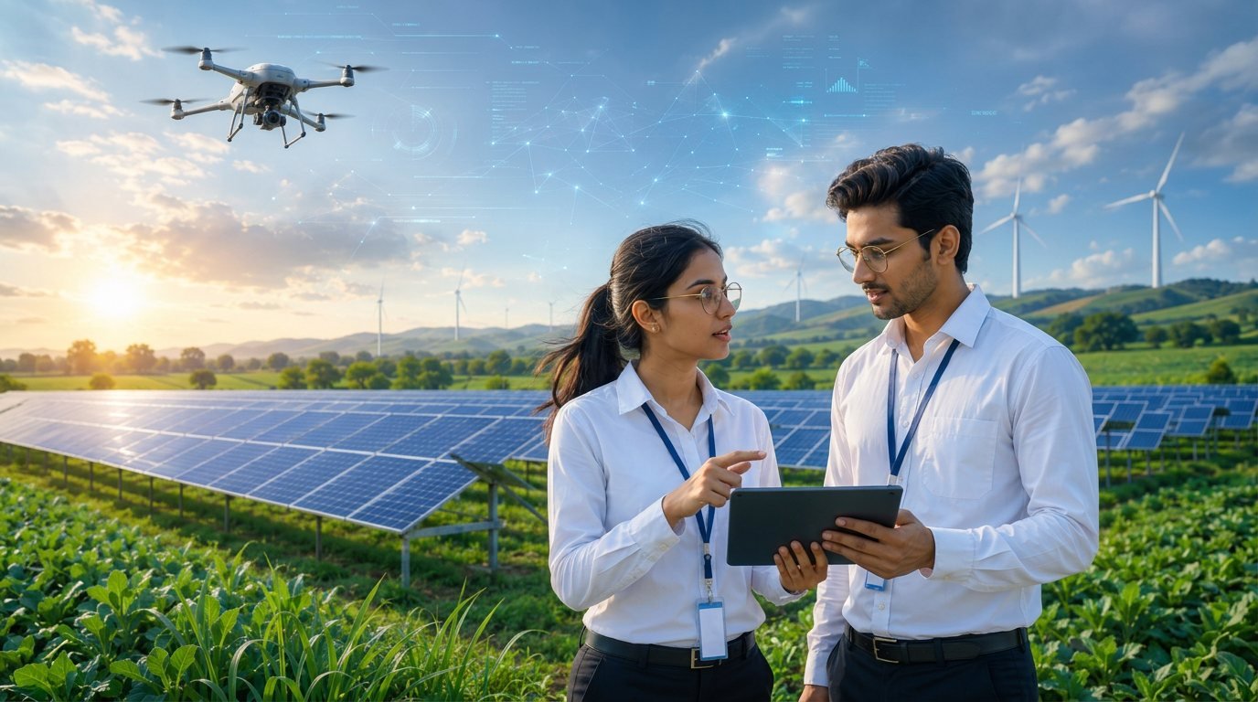 Aniba engineers reviewing renewable energy data on a tablet in a solar and wind field